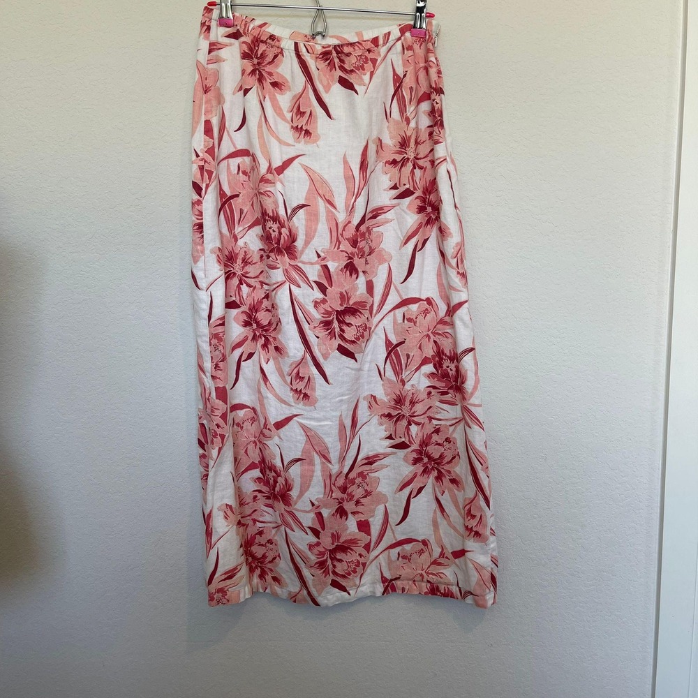Amanda Smith Linen Skirt Floral Print‎ Midi with Slit White Pink Size M Beach